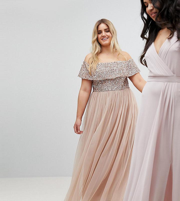 Maya Plus Bardot Sequin Top Tulle Detail Dress With High Low Hem - Brown