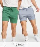 Asos Design Skinny Jersey Shorts In Shorter Length 2 Pack In Green/purple