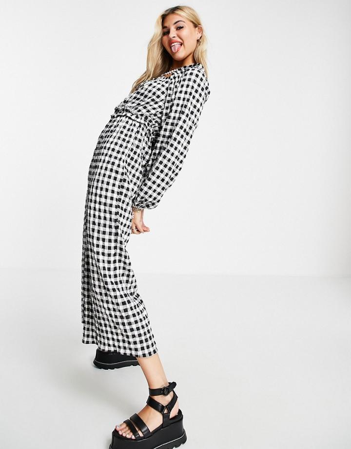 Asos Design Shirred Waist Square Neck Jumpsuit In Gingham-multi