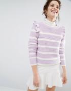 Willow And Paige Ribbed Sweater In Breton Stripe With Shoulder Ruffle - Purple