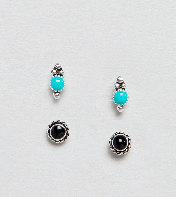 Asos Design Pack Of 2 Sterling Silver Engraved Detail Stone Stud Earrings - Silver