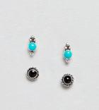 Asos Design Pack Of 2 Sterling Silver Engraved Detail Stone Stud Earrings - Silver
