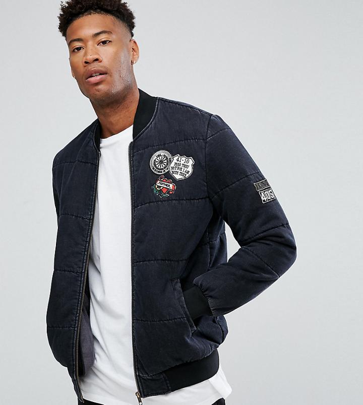 Asos Tall Denim Bomber Jacket With Badges In Washed Black - Black