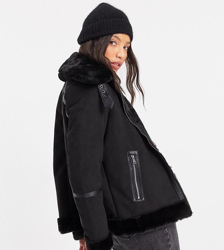 Only Tall Aviator Coat With Faux Fur Collar In Black
