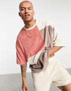 Asos Design Oversized Terry T-shirt In Pink & Beige Color Block-multi