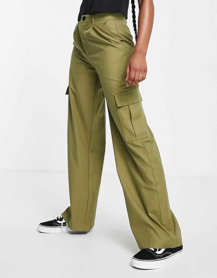 Pull & Bear High Waist Straight Leg Cargo Pants In Khaki-green