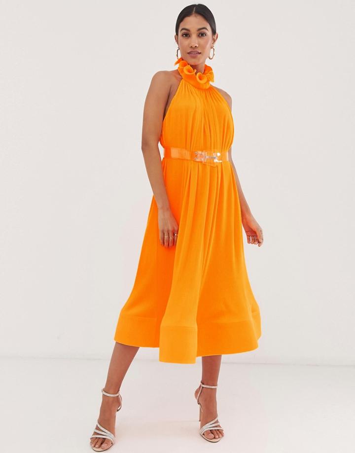 Asos Design Halter Pleated Ruffle Neck Midi Dress-multi
