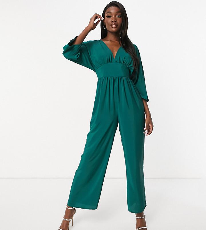 Asos Design Tall Kimono Sleeve Culotte Jumpsuit In Forest Green