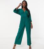 Asos Design Tall Kimono Sleeve Culotte Jumpsuit In Forest Green