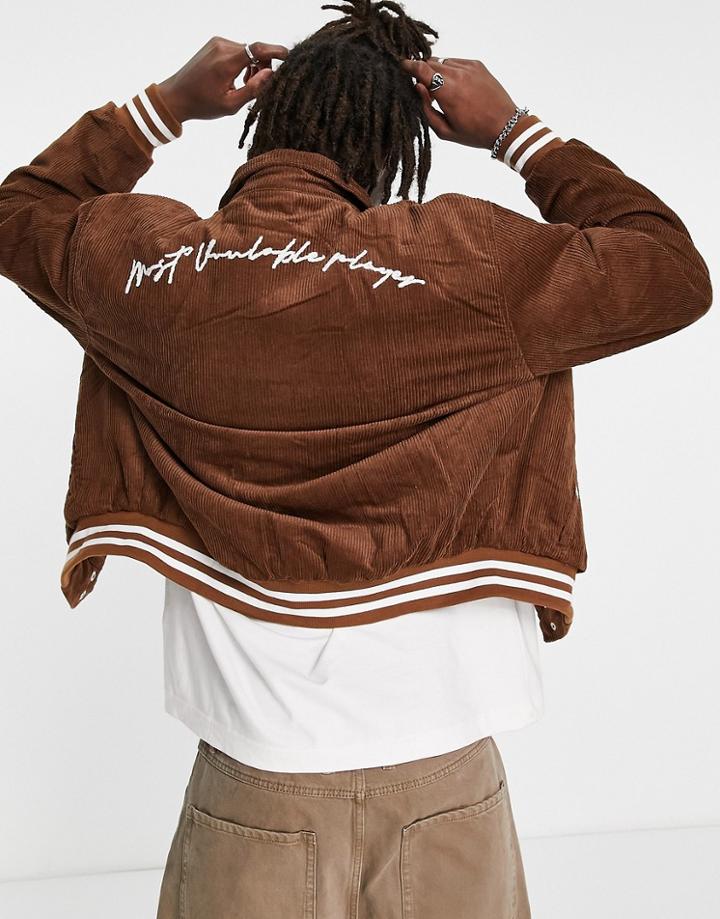 Liquor N Poker Bomber Jacket In Brown Cord With Chest And Back Embroidery