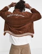 Liquor N Poker Bomber Jacket In Brown Cord With Chest And Back Embroidery