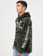 Hollister Sports Back And Sleeve Print Logo Hoodie In Green Camo - Green