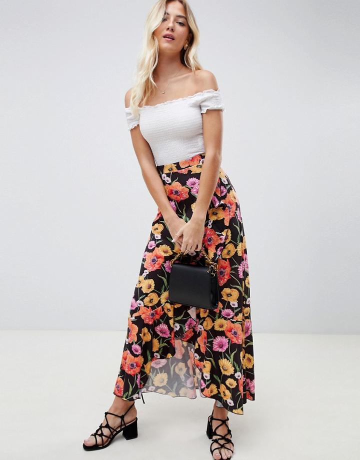 Asos Design Wrap Maxi Skirt With Ruffle And Tie In Floral Print-multi