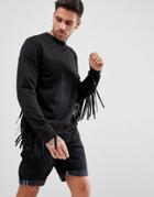 Boohooman Sweat With Fringe Detail In Black - Black