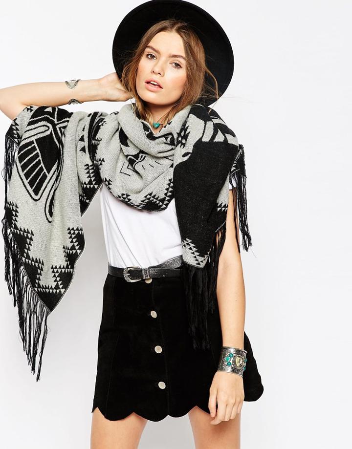 Asos Geo-tribal & Western Symbol Oversized Scarf With Tassel Edge - Gray