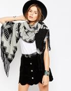 Asos Geo-tribal & Western Symbol Oversized Scarf With Tassel Edge - Gray