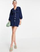 Glamorous Denim Mini Dress With Frill Collar And Snap Front-blues