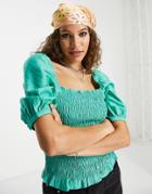 Only Shirred Puff Sleeve Top In Bright Green