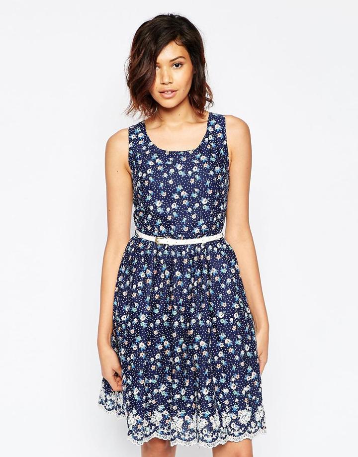 Yumi Spot Floral Dress With Embroidered Hem - Blue