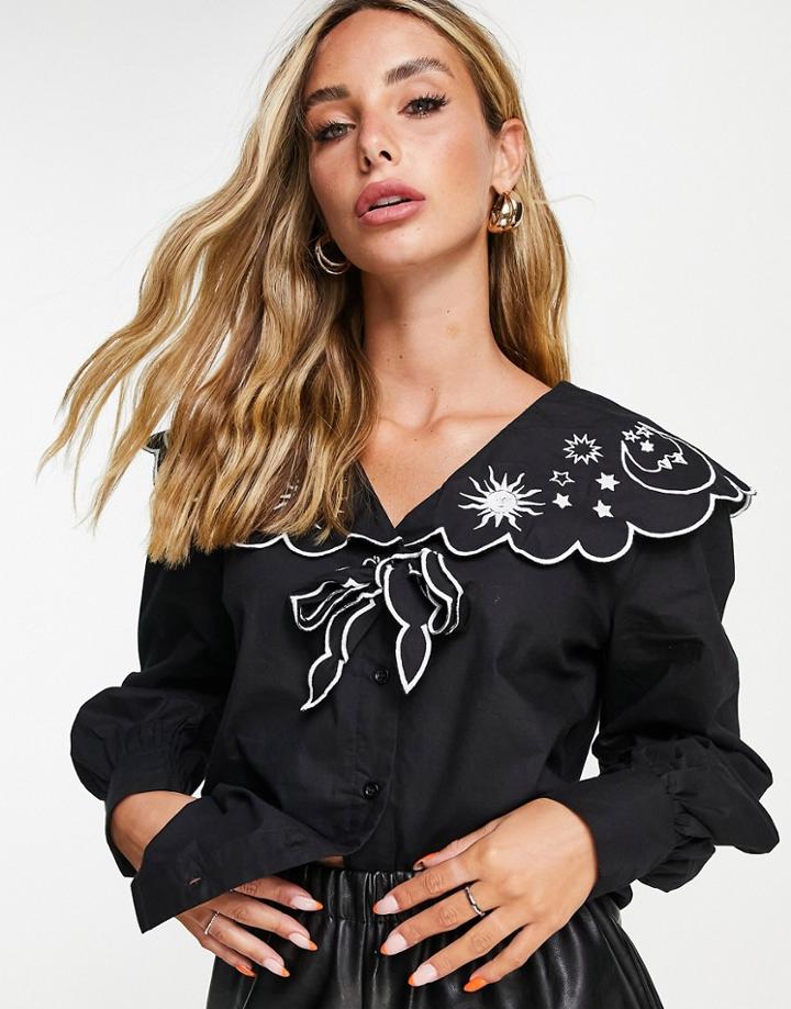 Neon Rose Blouse With Exaggerated Collar With Celestial Embroidery-black