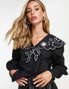 Neon Rose Blouse With Exaggerated Collar With Celestial Embroidery-black