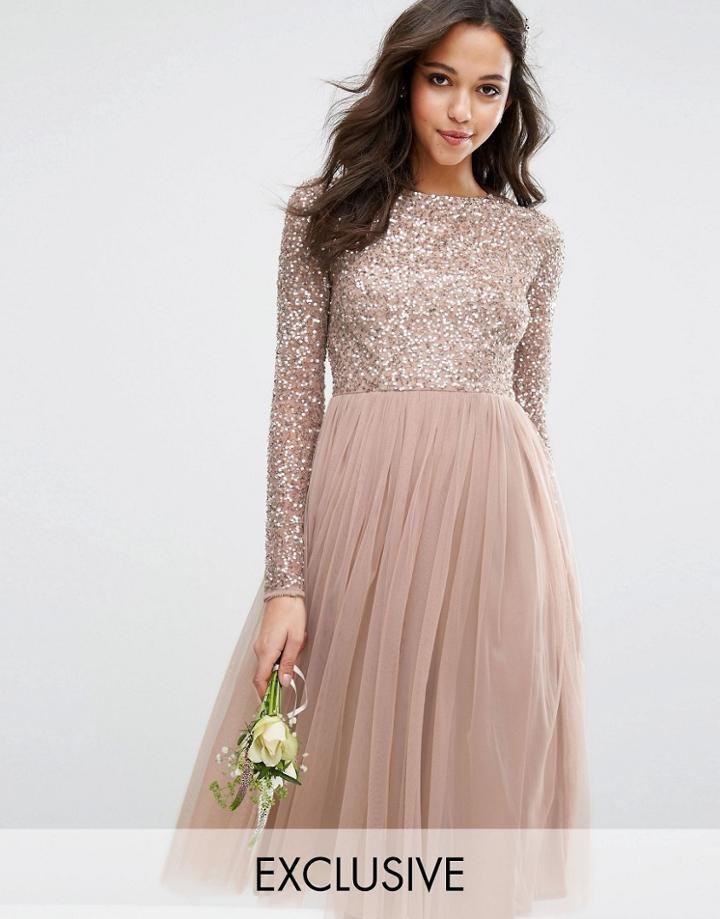 Maya Long Sleeved Midi Dress With Delicate Sequin And Tulle Skirt - Br