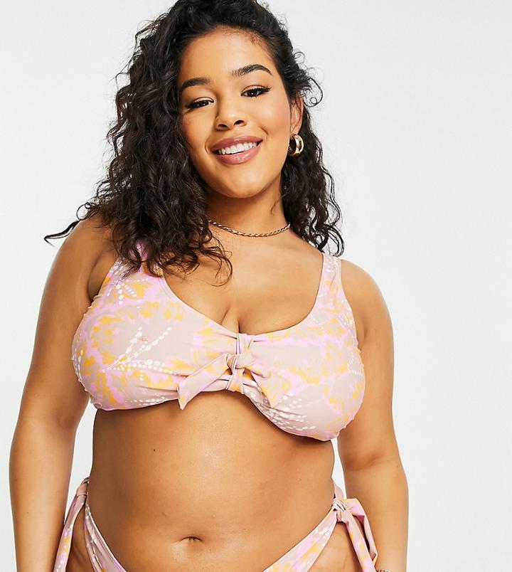 Vero Moda Curve Bikini Top With Tie Front In Pink Floral-multi
