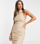 Asos Design Tall Halter Pleated Linen Mini Dress With Lace Up Back-neutral