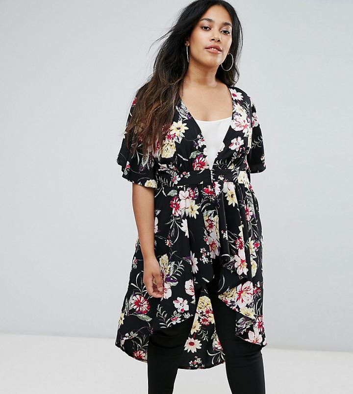 New Look Curve Floral Kimono Dress - Black
