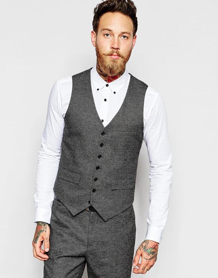 Asos Slim Fit Vest In Birdseye - Black