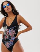 Asos Design Embellished Dragon Scoop Back Swimsuit In Black-multi