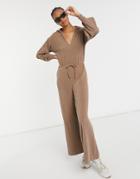 Asos Design Rib Hoodie Jumpsuit In Chocolate Brown