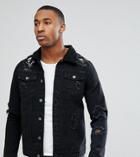 Liquor N Poker Black Wash Rip & Repair Borg Denim Jacket - Black