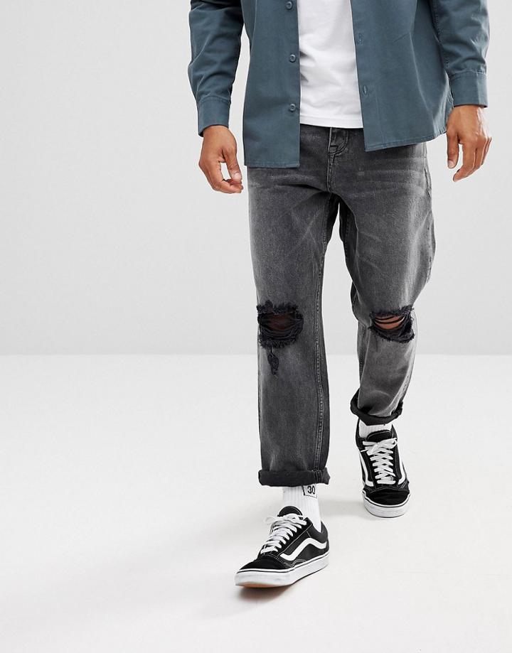 Asos Skater Fit Jeans In Washed Black With Rips - Black