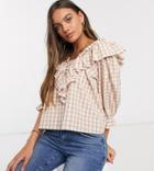 Asos Design Petite Long Sleeve Gingham Top With Ruffle Detail-tan