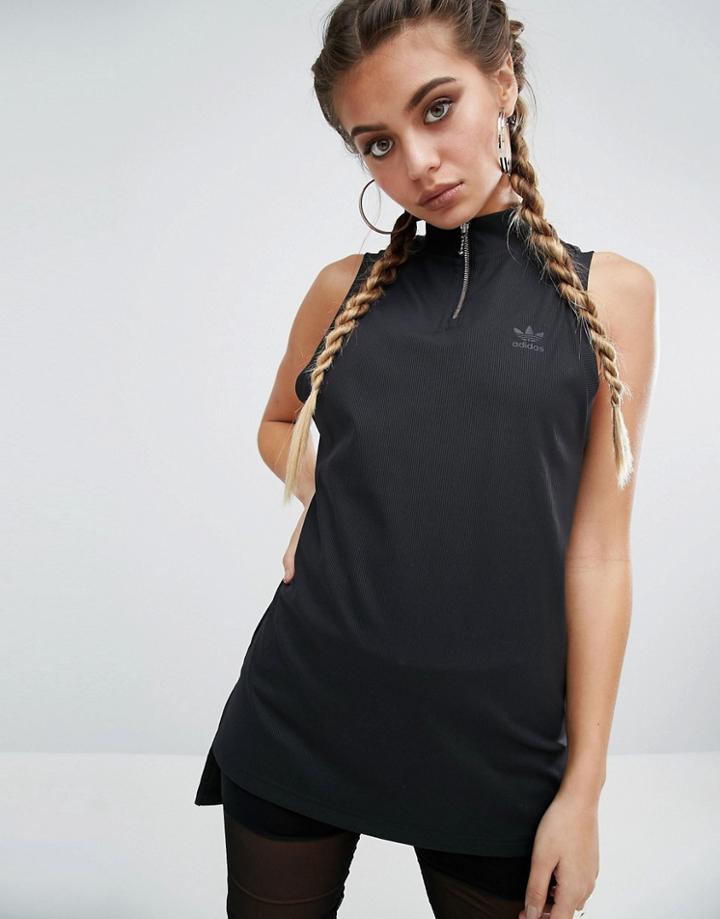 Adidas High Neck Zip Front Ribbed Top - Black