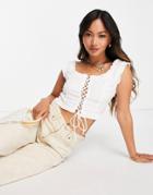 Neon Rose Milkmaid Crop Top With Lace Up Front In Poplin-white