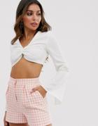 4th + Reckless Crop Top With Hardware Detail And Flare Sleeve In White