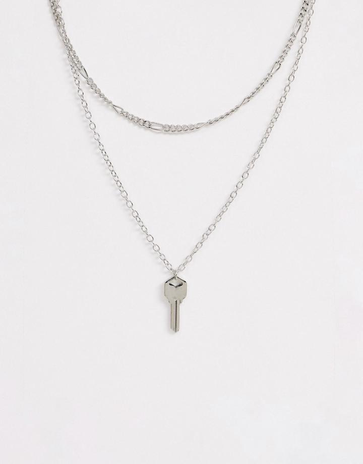 Asos Design Multirow Necklace With Key Pendant In Silver Tone