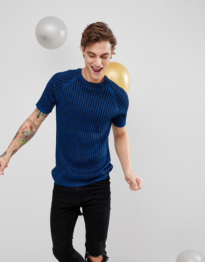 Asos Knitted Metallic Yarn Ribbed T-shirt In Blue - Blue