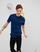 Asos Knitted Metallic Yarn Ribbed T-shirt In Blue - Blue