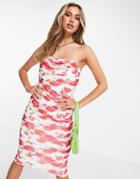 Asos Design Bandeau Ruched Mesh Midi Dress In Floral Print-multi
