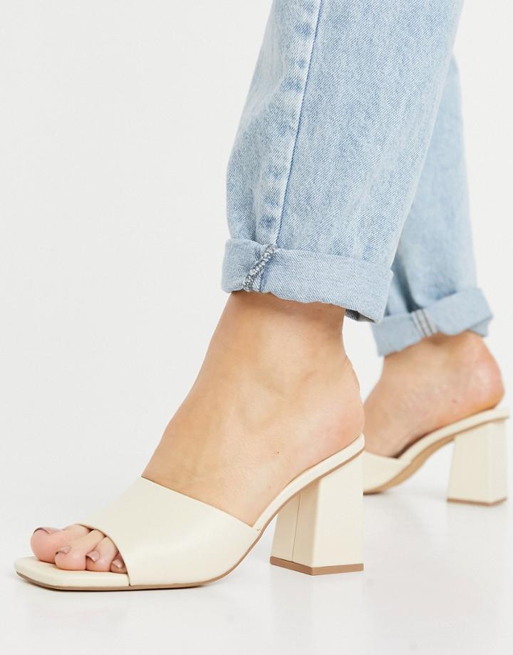 London Rebel Square Toe Block Heeled Mules In Cream-white