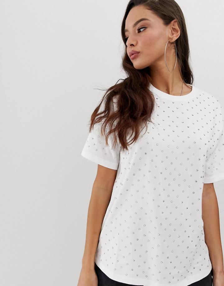 Asos Design Oversized T-shirt With Iridescent Crystal Studs-white