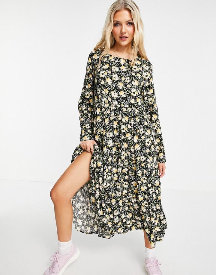 Pieces Lila Long Sleeve Midi Dress In All Over Floral Print-multi