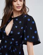 Fashion Union Wrap Tea Blouse In Vintage Floral Print - Blue