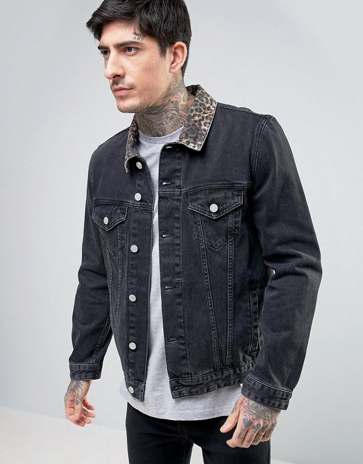 Asos Denim Jacket With Leopard Print Collar In Black Wash - Black