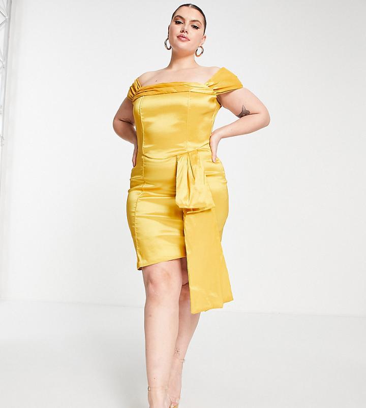 Collective The Label Curve Exclusive Off Shoulder Drape Satin Mini Dress In Gold