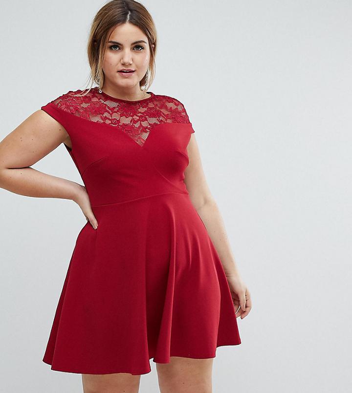 Club L Plus Lace Panel Skater Dress - Red