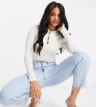 Asyou Textured Slinky Cut Out Top With Crystal Button In Ecru-white